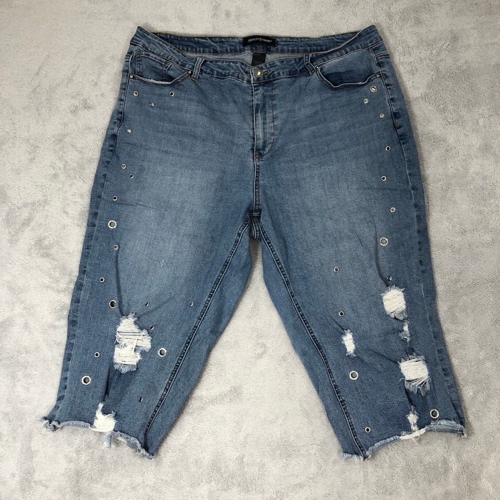 Ashley Stewart Capri Jeans Women's Plus 20 Blue Distressed Grommet Edgy Denim